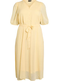 Midikjole med v-hals og bindeb&aring;nd, Gul