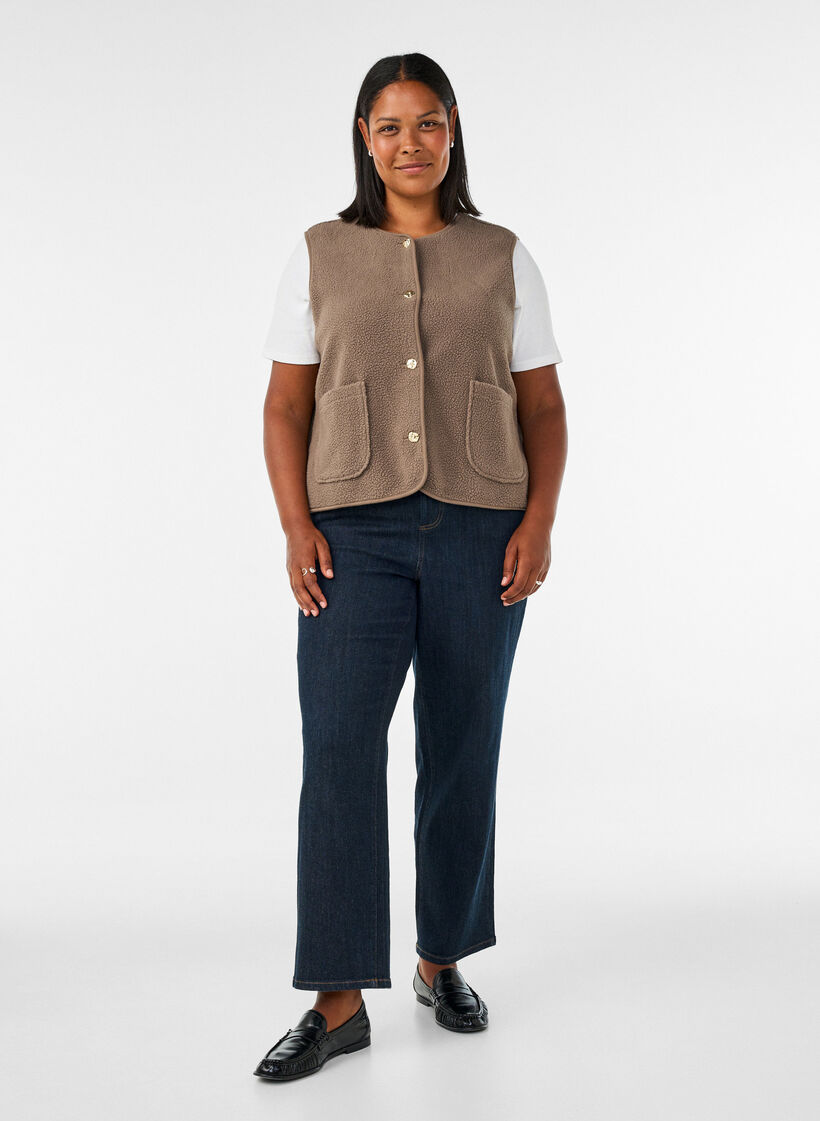 Teddy vest med knapper og lommer, Brun, Model image number 1