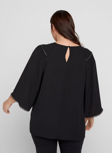 Bluse med 3/4 ærmer og nitter, Black, Model image number 1