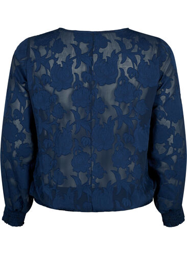 Jacquard bluse med smock, Navy Blazer, Packshot image number 1