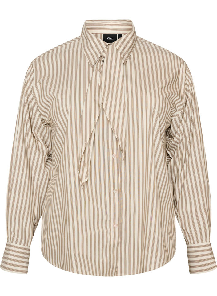 Stribet skjorte med aftageligt bindeb&aring;nd, Beige, Packshot image number 0