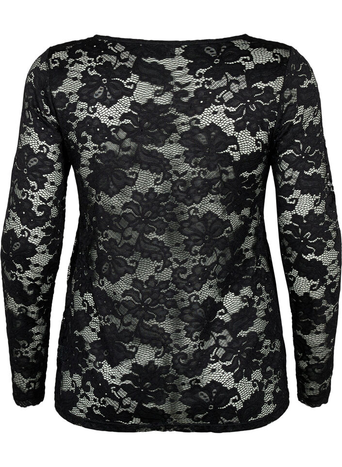 Langærmet blondebluse med v-hals, Black, Packshot image number 1