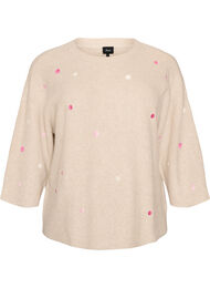 Strikbluse med sm&aring; broderede motiver, Beige