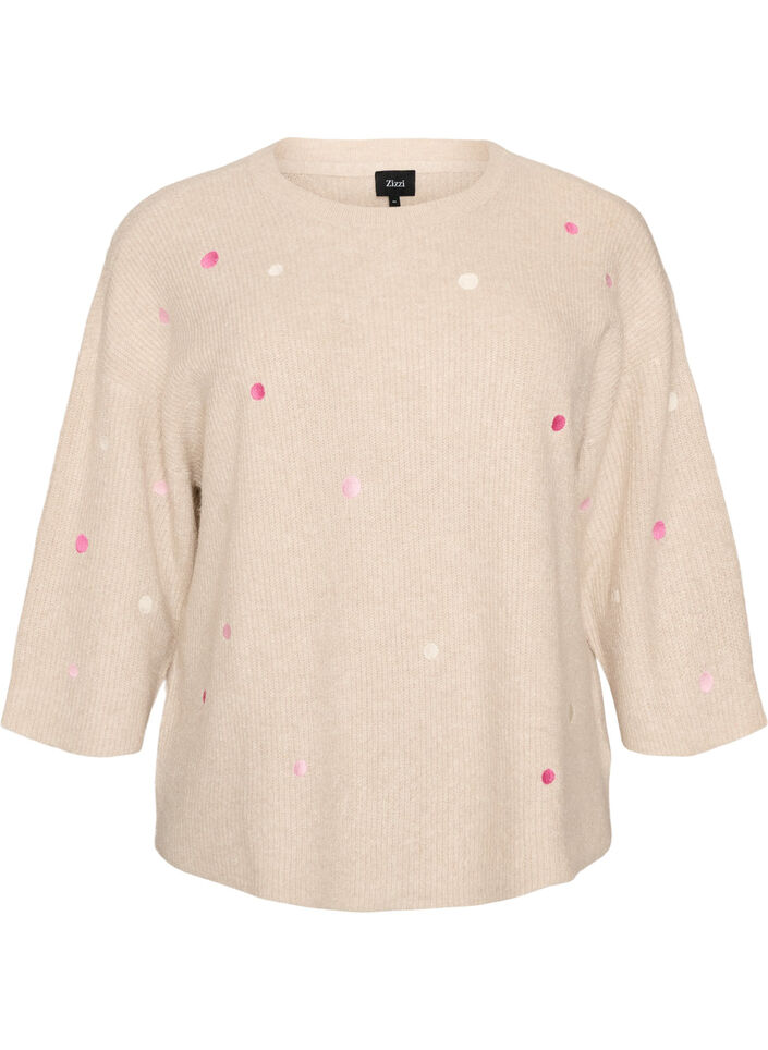 Strikbluse med sm&aring; broderede motiver, Beige, Packshot image number 0