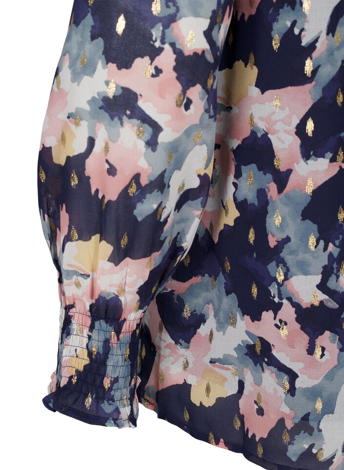 Blomstret bluse med lange ærmer og v-hals, Night Sky AOP Flower, Packshot image number 3