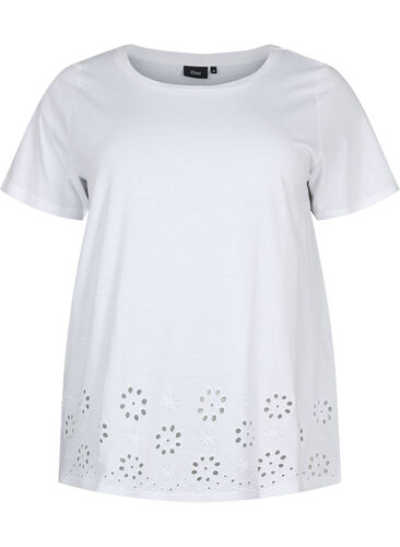 T-shirt i bomuld med broderi anglaise, Bright White, Packshot image number 0
