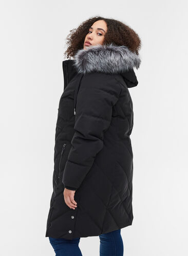 Vinterjakke med aftagelig hætte og stor imiteret pelskrave, Black, Model image number 1