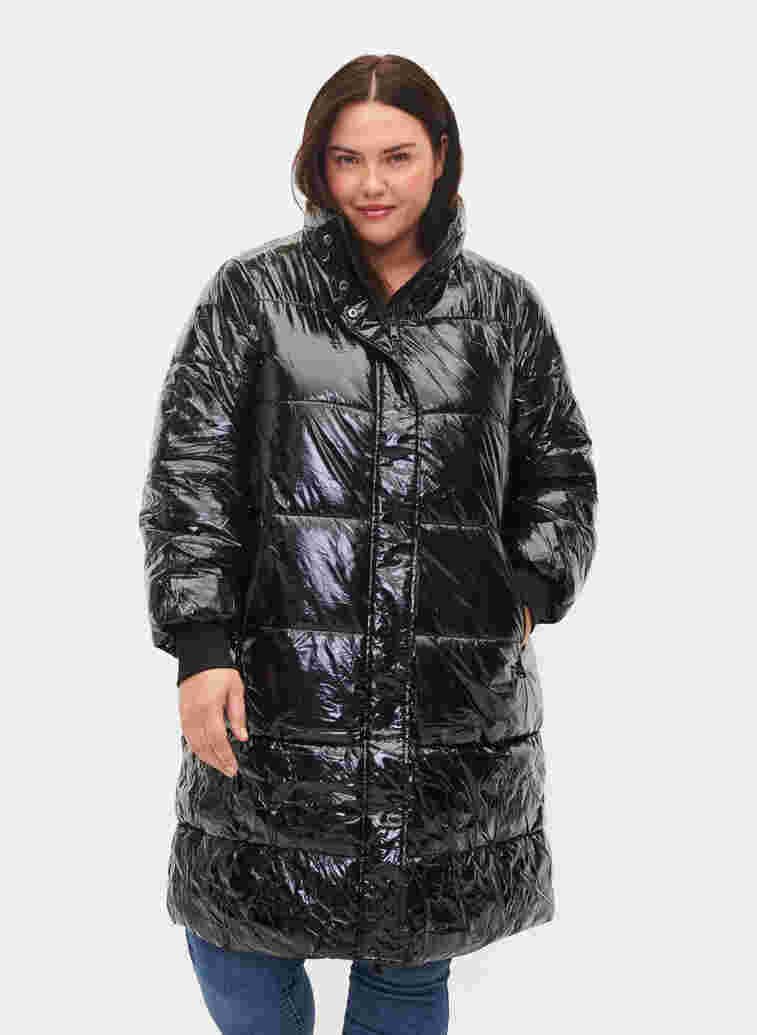 Shiny vinterjakke med lynlås og knaplukning, Black, Model image number 0