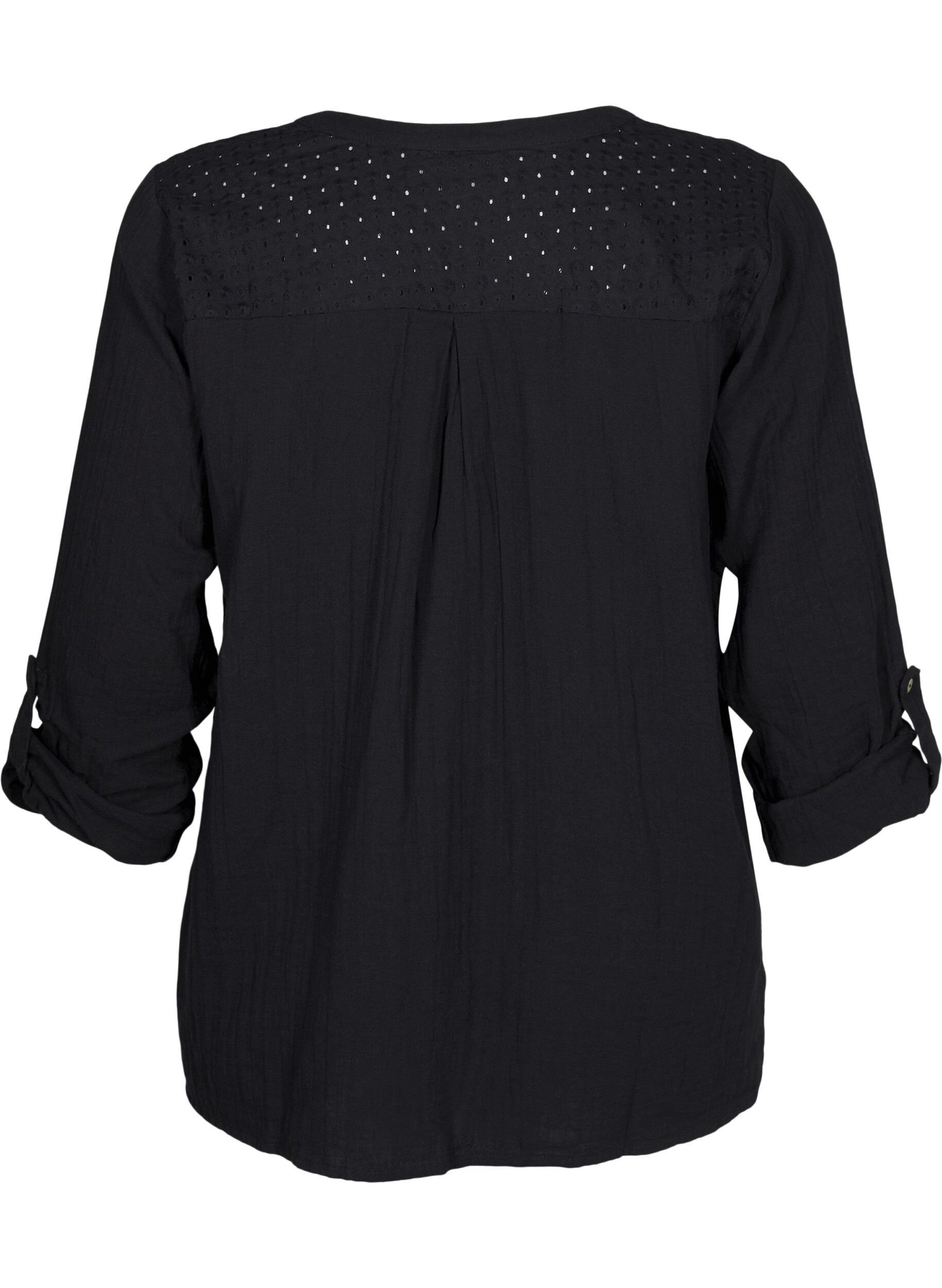 Zizzi Bluse i bomuld med broderi anglaise og 3/4 &aelig;rmer, Black, Packshot image number 1