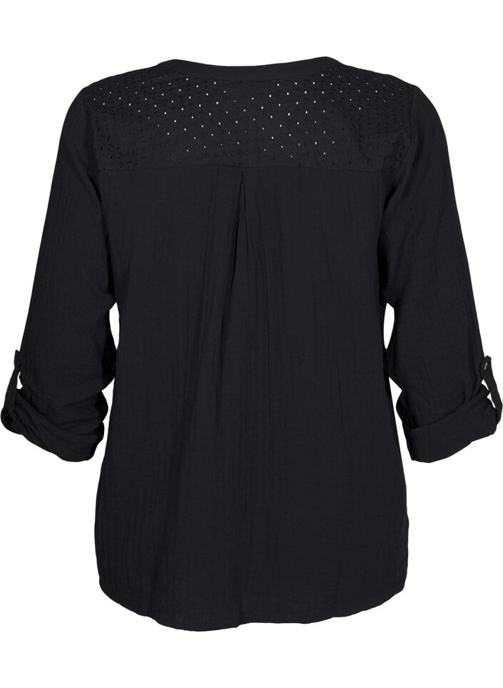 Bluse i bomuld med broderi anglaise og 3/4 ærmer, Black, Packshot image number 1