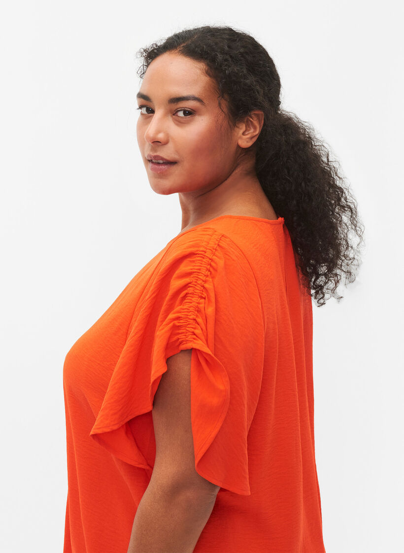 Kortærmet bluse med rynker, Orange.com, Model image number 2