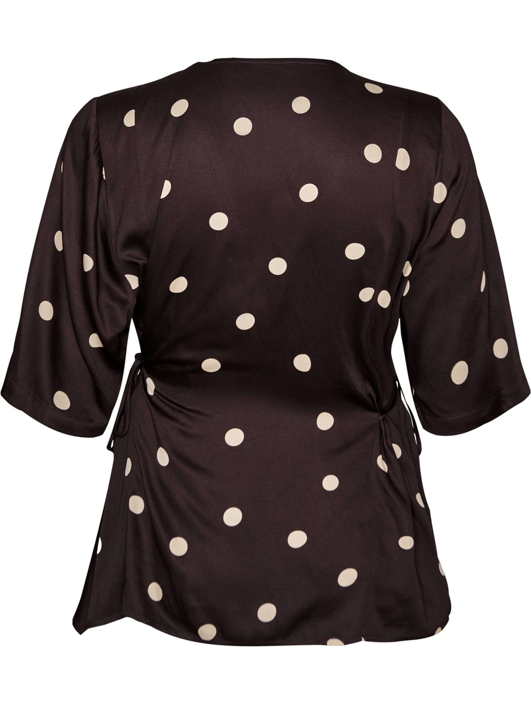 ZizziPrikket viskosebluse med V-udsk&aelig;ring og bindeb&aring;nd, Brun, Packshot image number 1