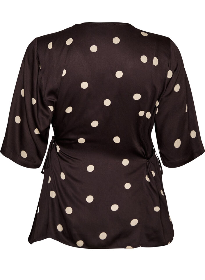 Prikket viskosebluse med V-udsk&aelig;ring og bindeb&aring;nd, Brun, Packshot image number 1