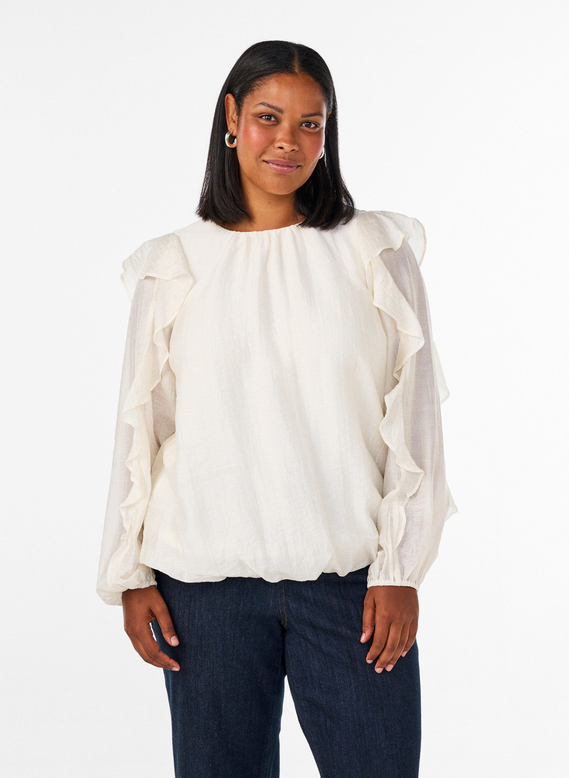 Bluse med fl&aelig;ser og ballonform, Vanilla, Model
