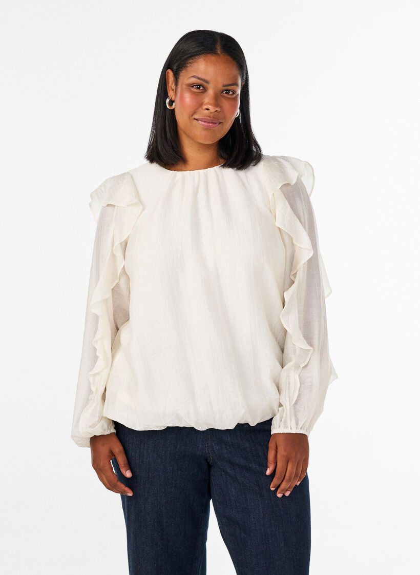 Bluse med fl&aelig;ser og ballonform, Vanilla, Model image number 0