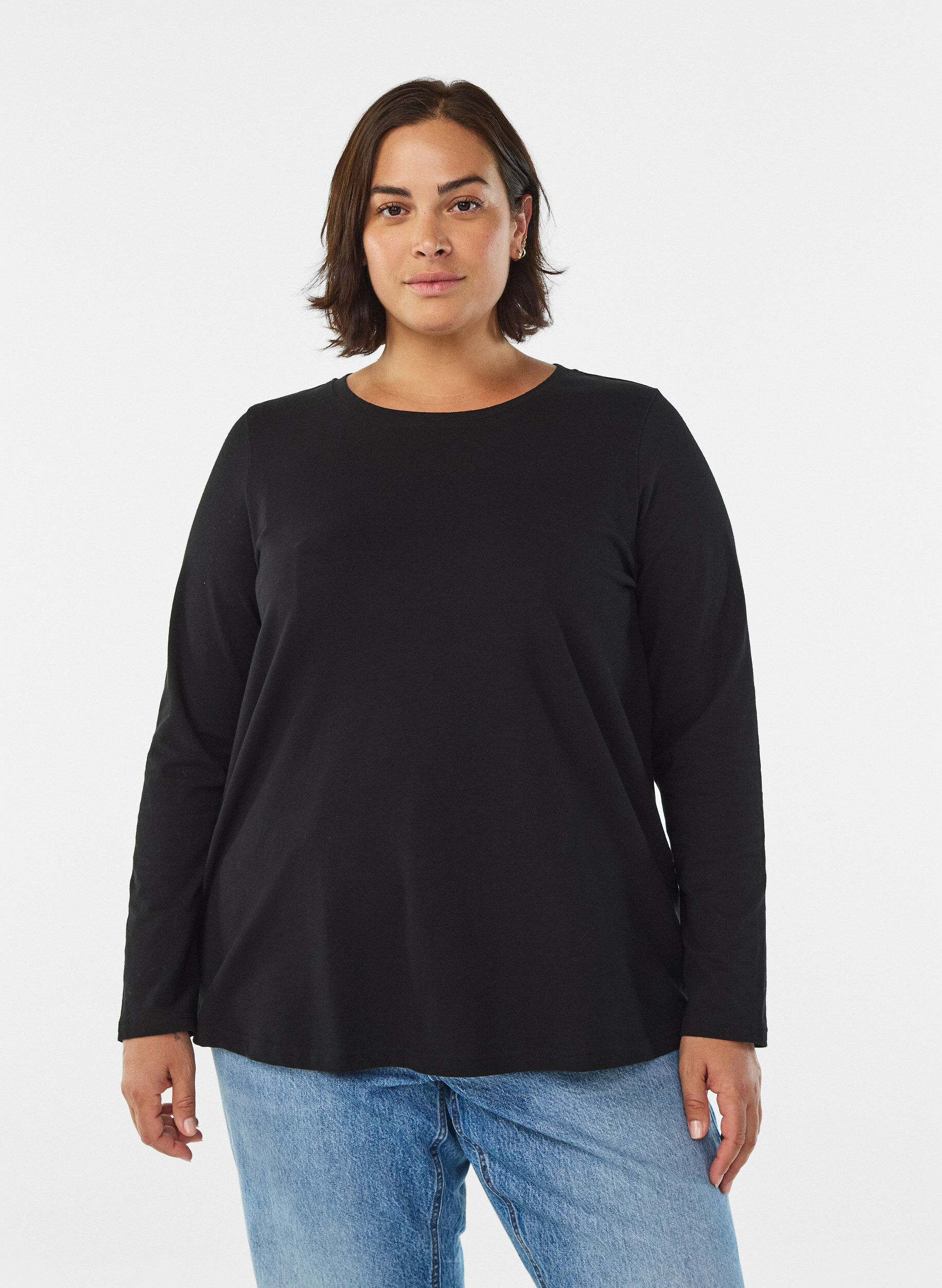 Basis jerseybluse med lange &aelig;rmer, Sort, Model