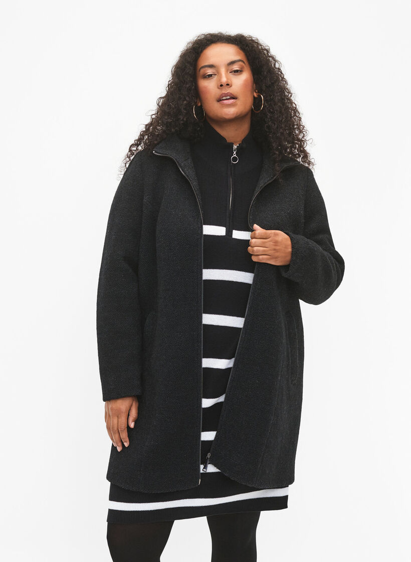 Meleret bouclé frakke med lynlås, Black Mel., Model image number 0