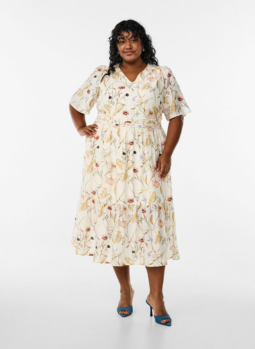 Blomstret midikjole med A-facon, Beige, Model image number 0