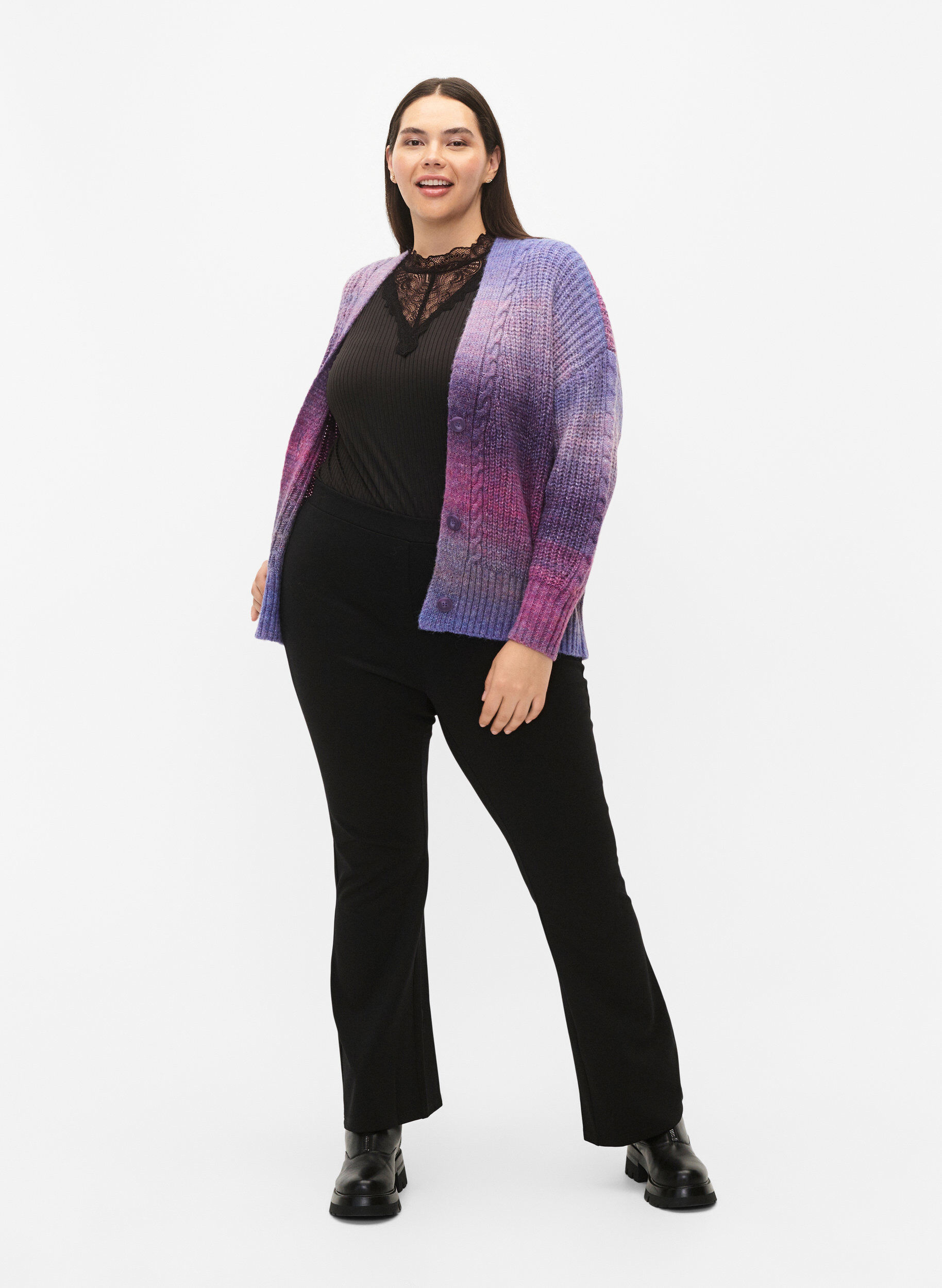 Zizzi Meleret strik cardigan med knapper, Pansy Mel. Comb, Model image number 4