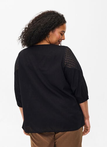 Bluse i bomuldsmix med hør og crochetdetalje, Black, Model image number 1