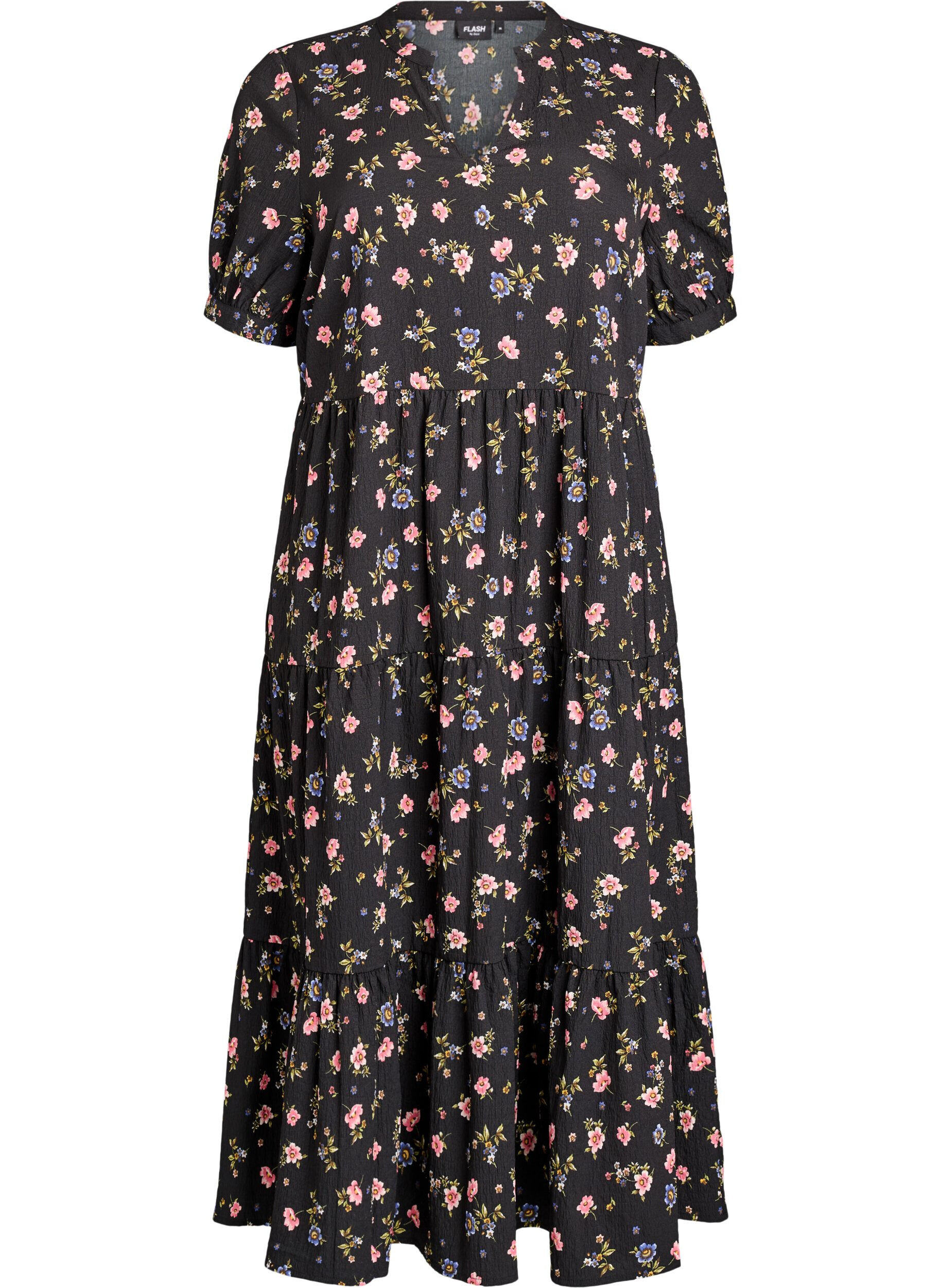 ZizziAnkellang kjole med korte &aelig;rmer og volantlag, Sort, Packshot image number 0