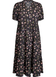 Ankellang kjole med korte &aelig;rmer og volantlag, Sort