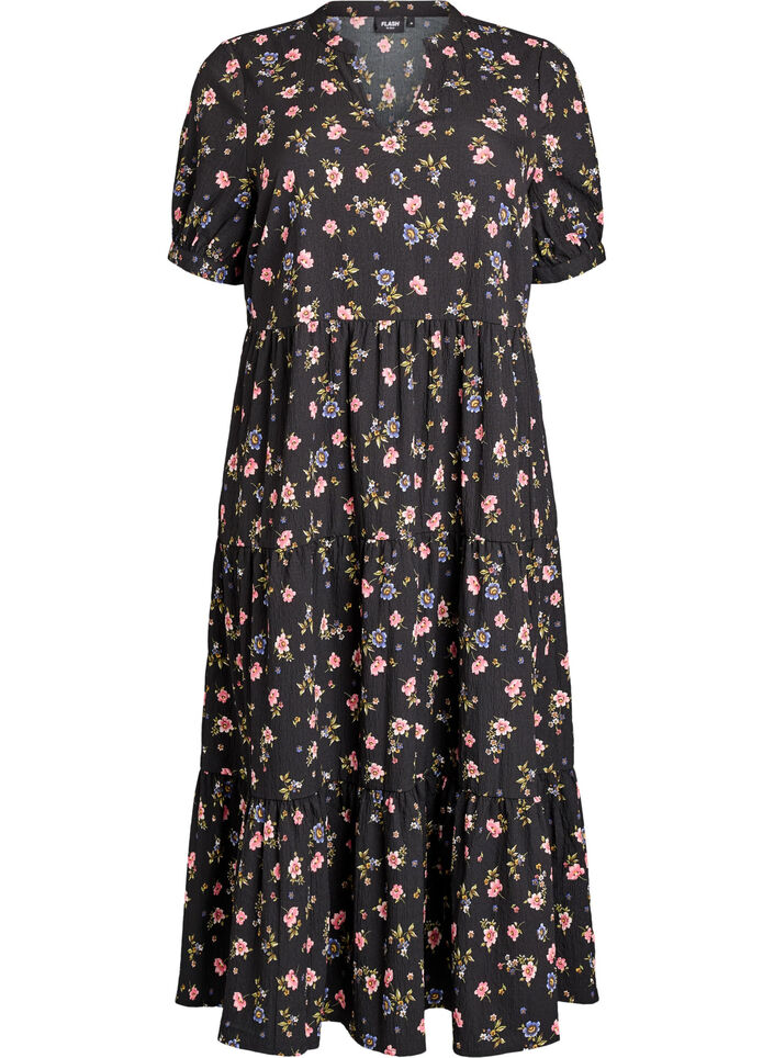 Ankellang kjole med korte &aelig;rmer og volantlag, Sort, Packshot image number 0