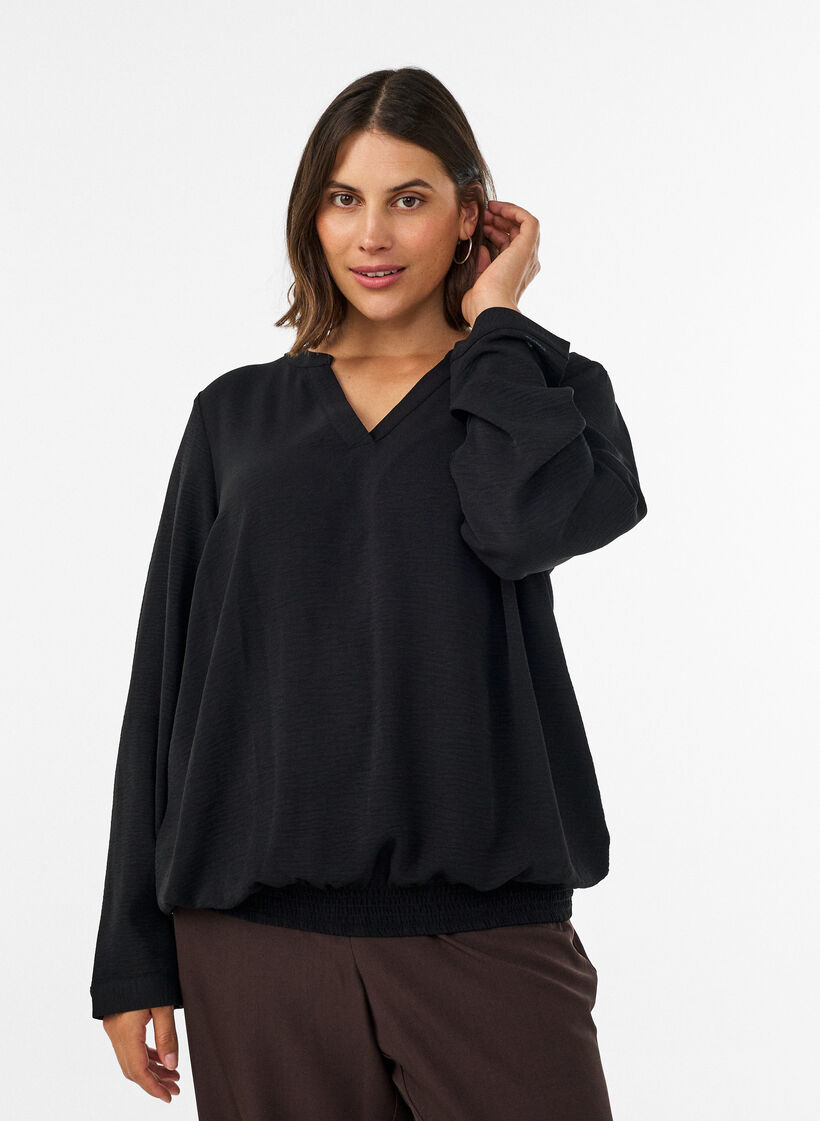 Bluse med ballonform og V-udsk&aelig;ring, Sort, Model image number 0