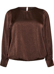 Bluse med satinlook og ballonform, Brun