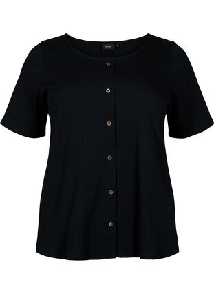 Kortærmet rib t-shirt med knapper, Black, Packshot image number 0