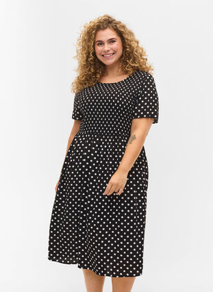 Printet viskose kjole med smock, Black Dot, Model image number 0