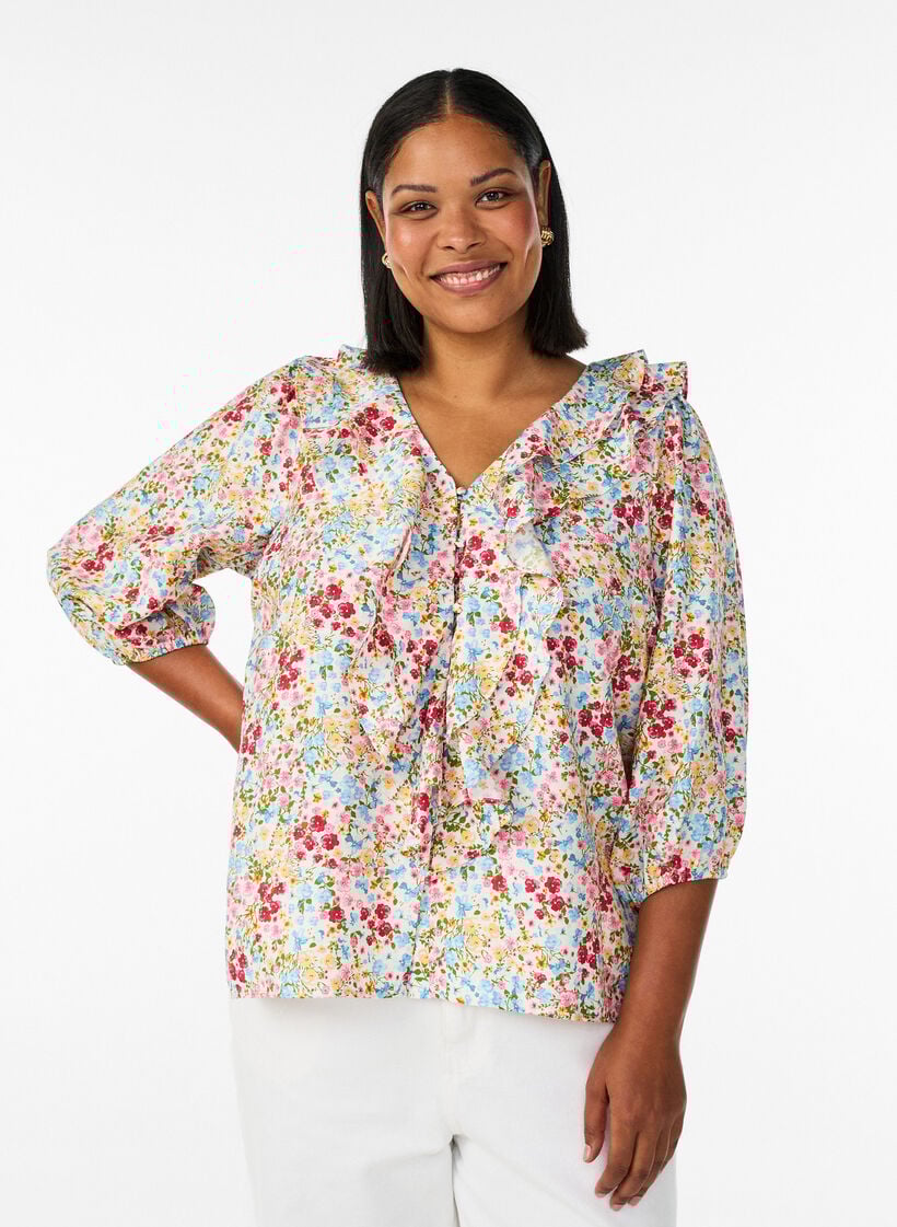 Skjortebluse i viskose med blomsterprint og 3/4 &aelig;rmer, Bl&aring;, Model image number 0