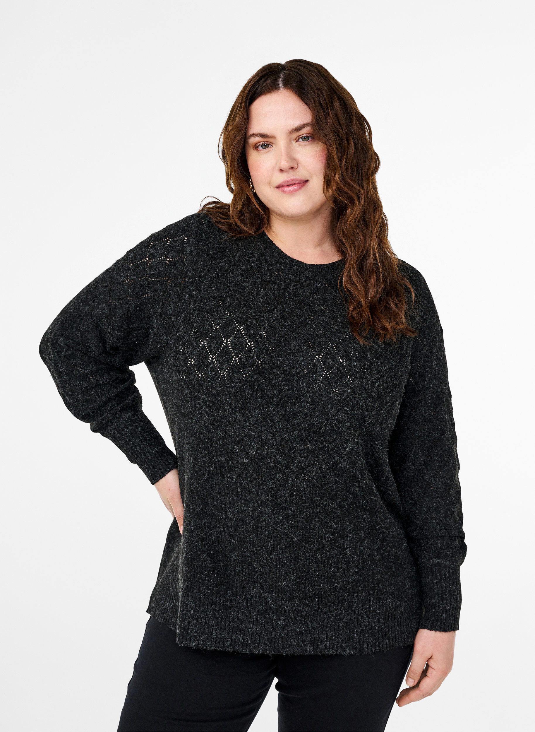 Zizzi Strikbluse med hulm&oslash;nster, Dark Grey Melange, Model image number 0