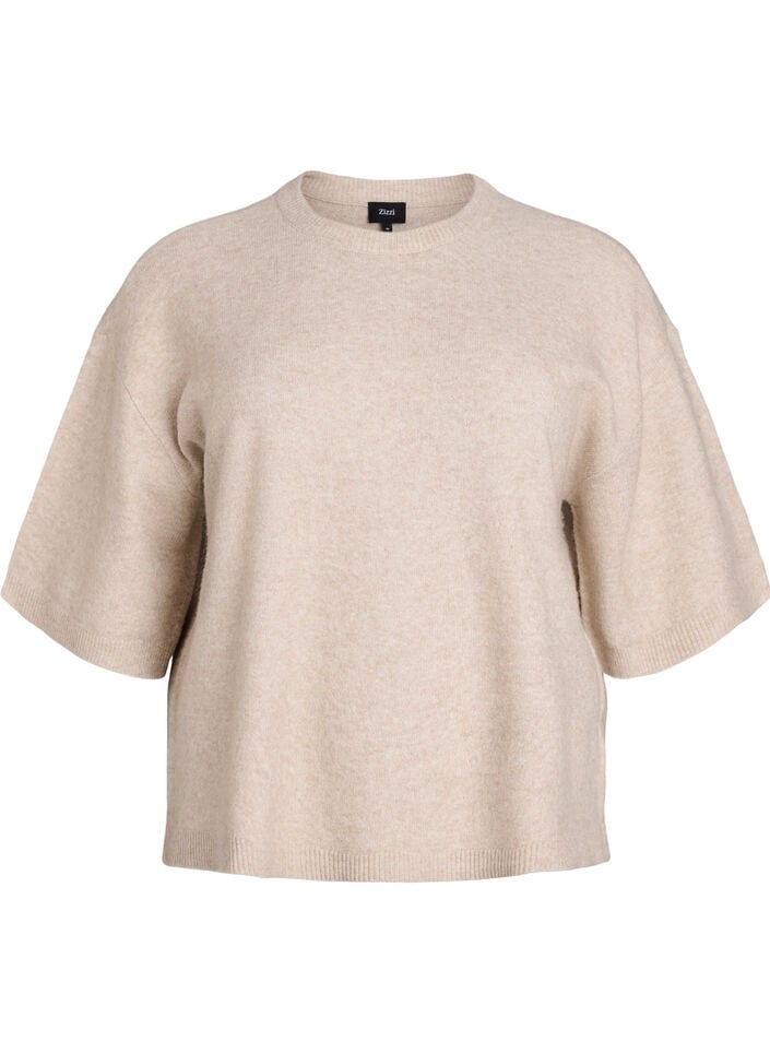 L&oslash;s strikbluse med korte &aelig;rmer, Beige, Packshot image number 0