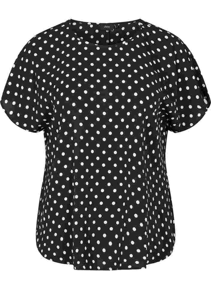 Bluse med korte ærmer og rund halsudskæring, Black w White Dot, Packshot image number 0