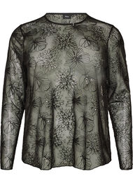 Meshbluse med blomster og pailletter, Sort