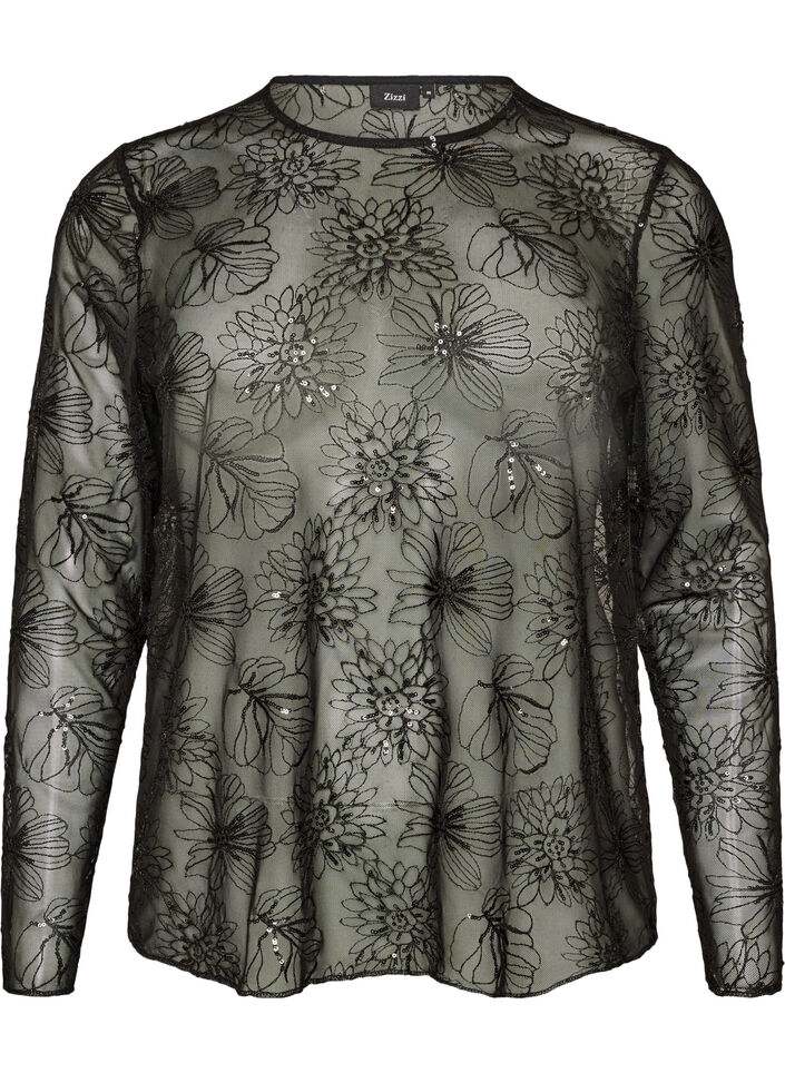 Meshbluse med blomster og pailletter, Sort, Packshot image number 0