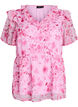 Blomstret bluse med fl&aelig;sekrave og peplum-effekt, Lyser&oslash;d, Packshot image number 0