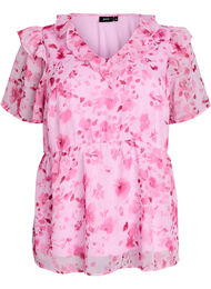 Blomstret bluse med fl&aelig;sekrave og peplum-effekt, Lyser&oslash;d