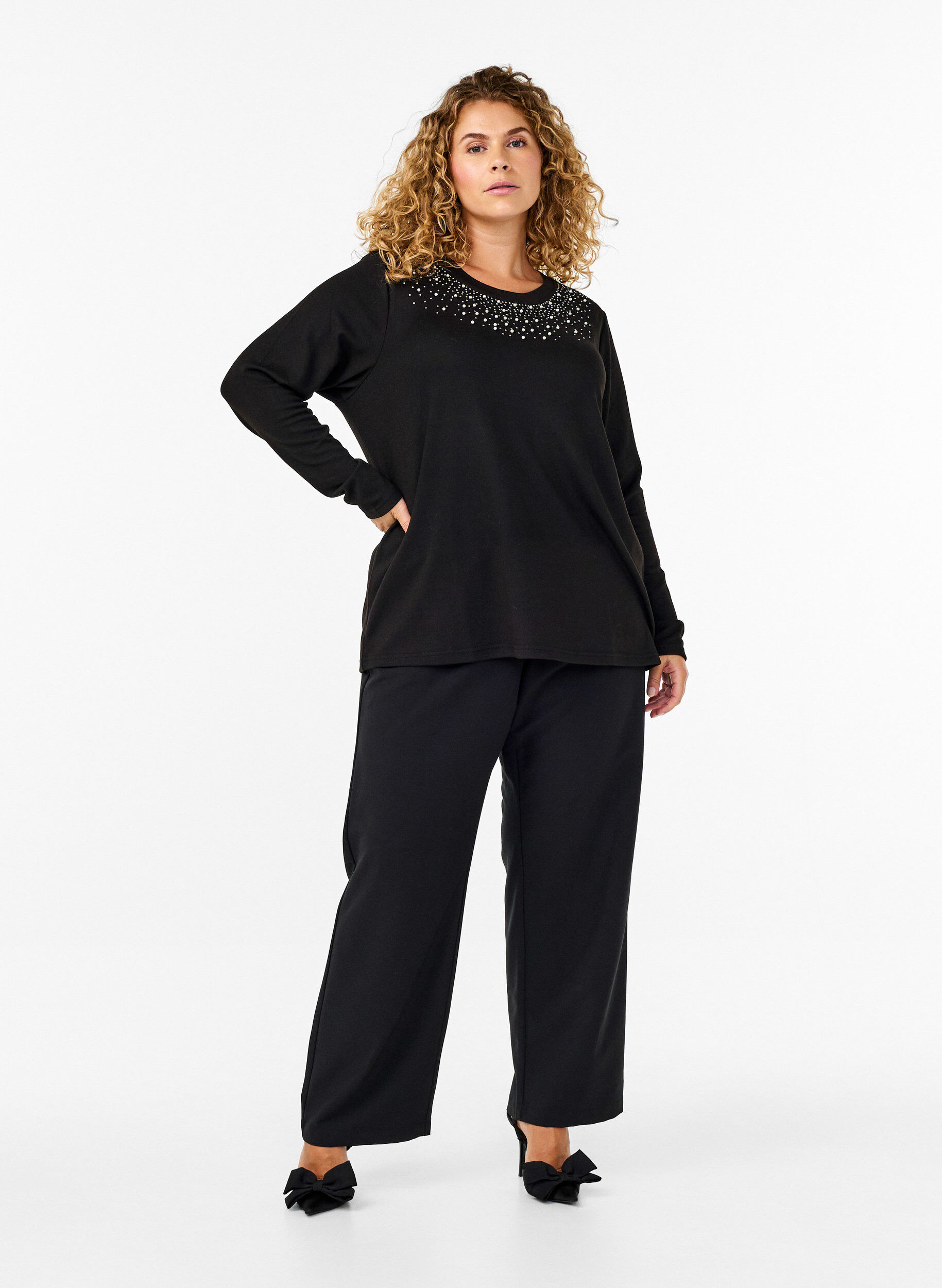 Zizzi Bluse med perler, Black, Model image number 2