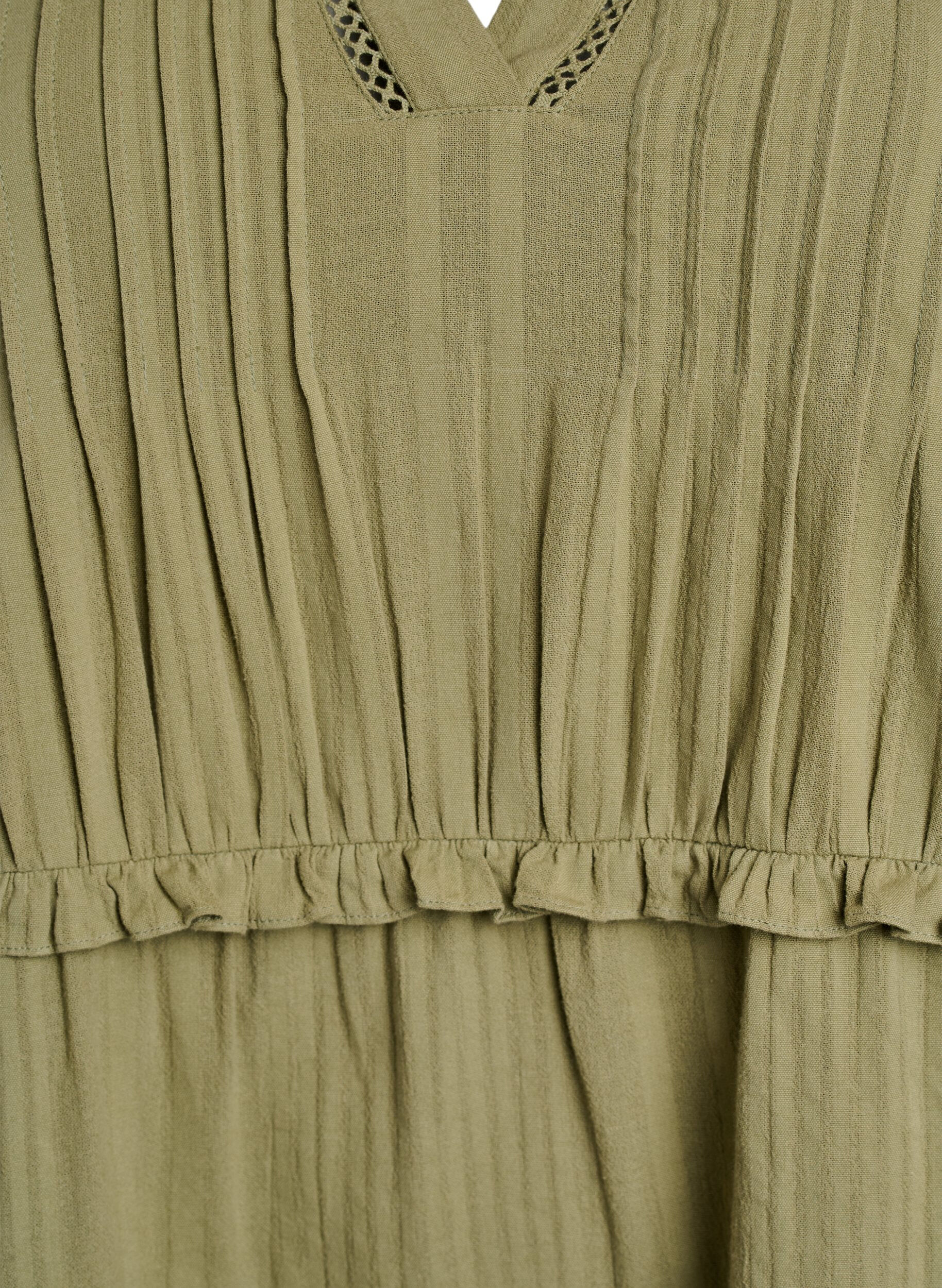 Zizzi Kjole i bomuld med 3/4 &aelig;rmer og fl&aelig;ser, Gr&oslash;n, Packshot image number 2