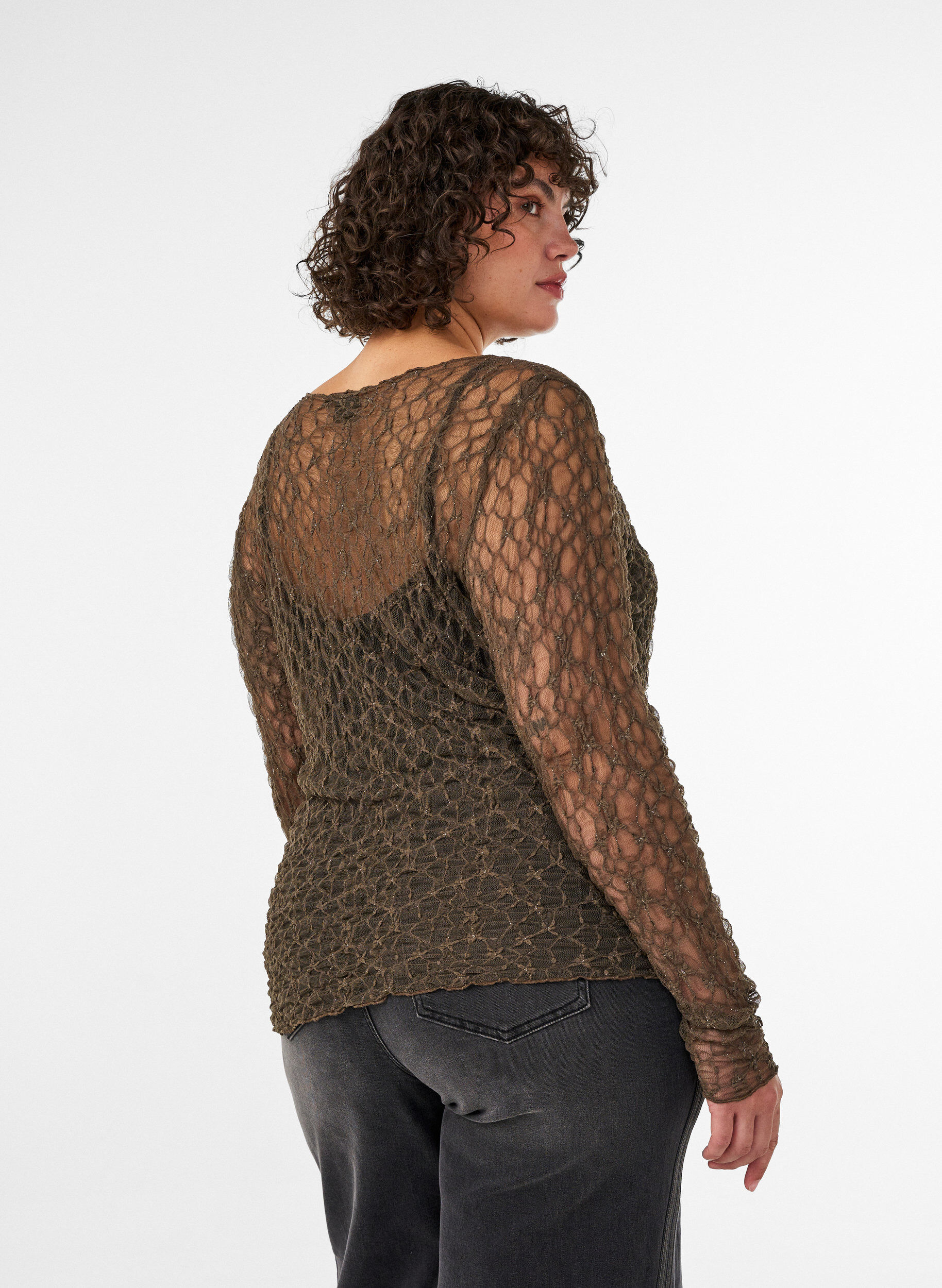 ZizziMeshbluse med m&oslash;nster og glimmertr&aring;d, Brun, Model image number 2