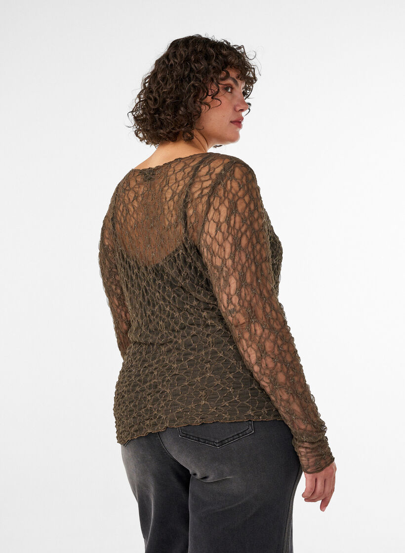 Meshbluse med m&oslash;nster og glimmertr&aring;d, Brun, Model image number 2