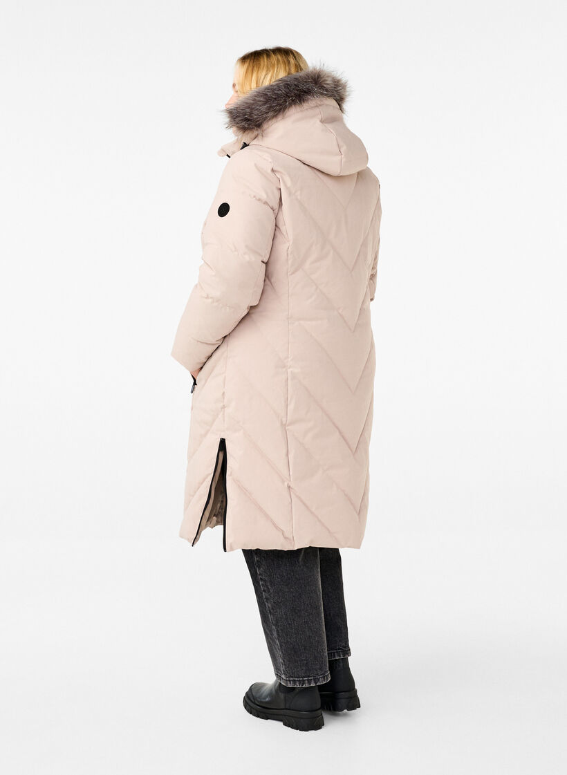 Lang vinterjakke med h&aelig;tte og imiteret pelskrave, Beige, Model image number 2