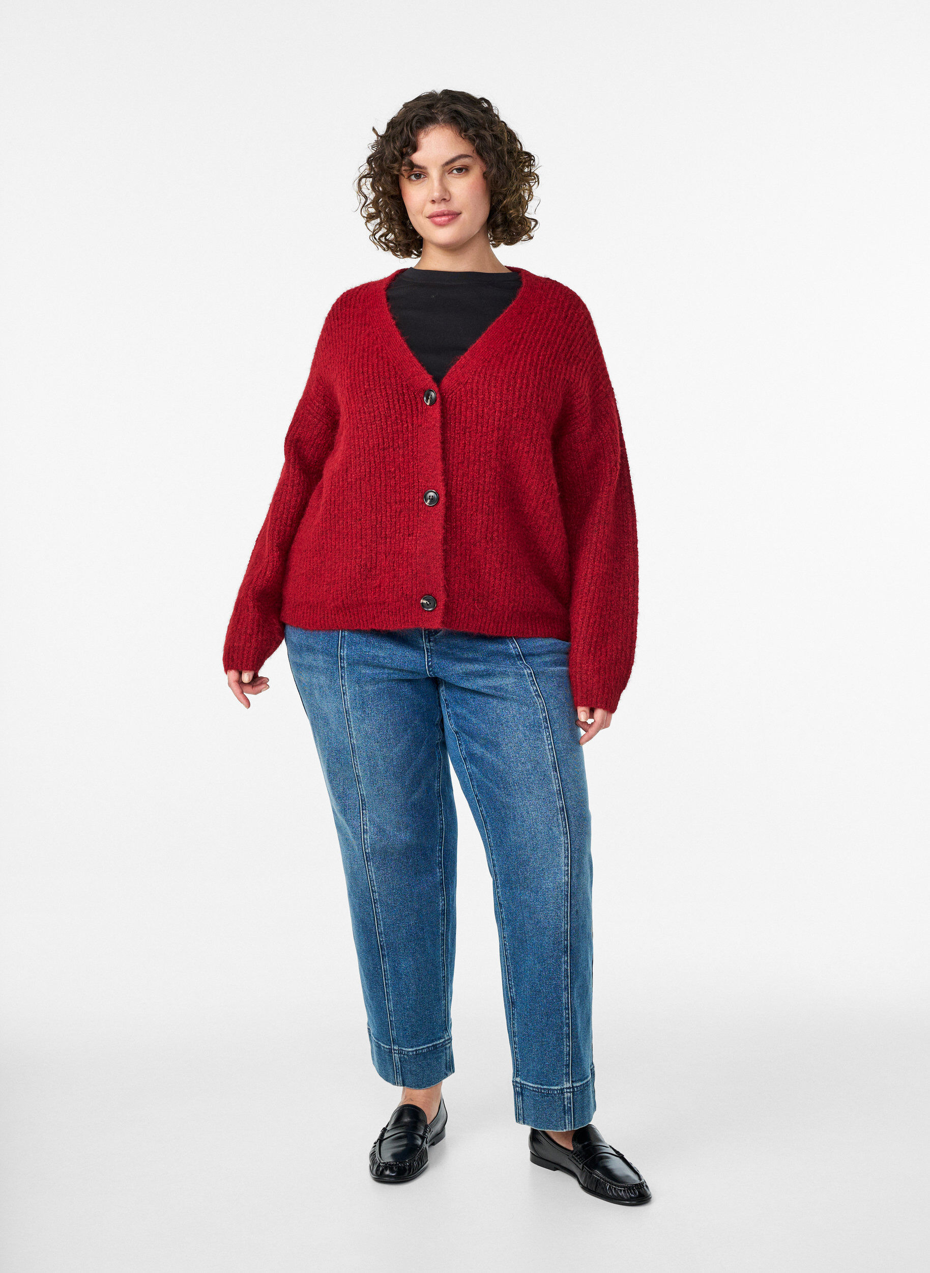 Zizzi Cardigan i strik med v-hals, R&oslash;d, Model image number 1