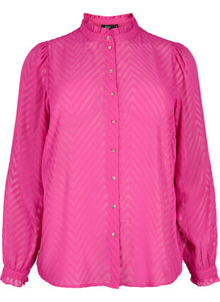 Skjortebluse med flæser og mønstret tekstur, Festival Fuchsia, Packshot image number 0