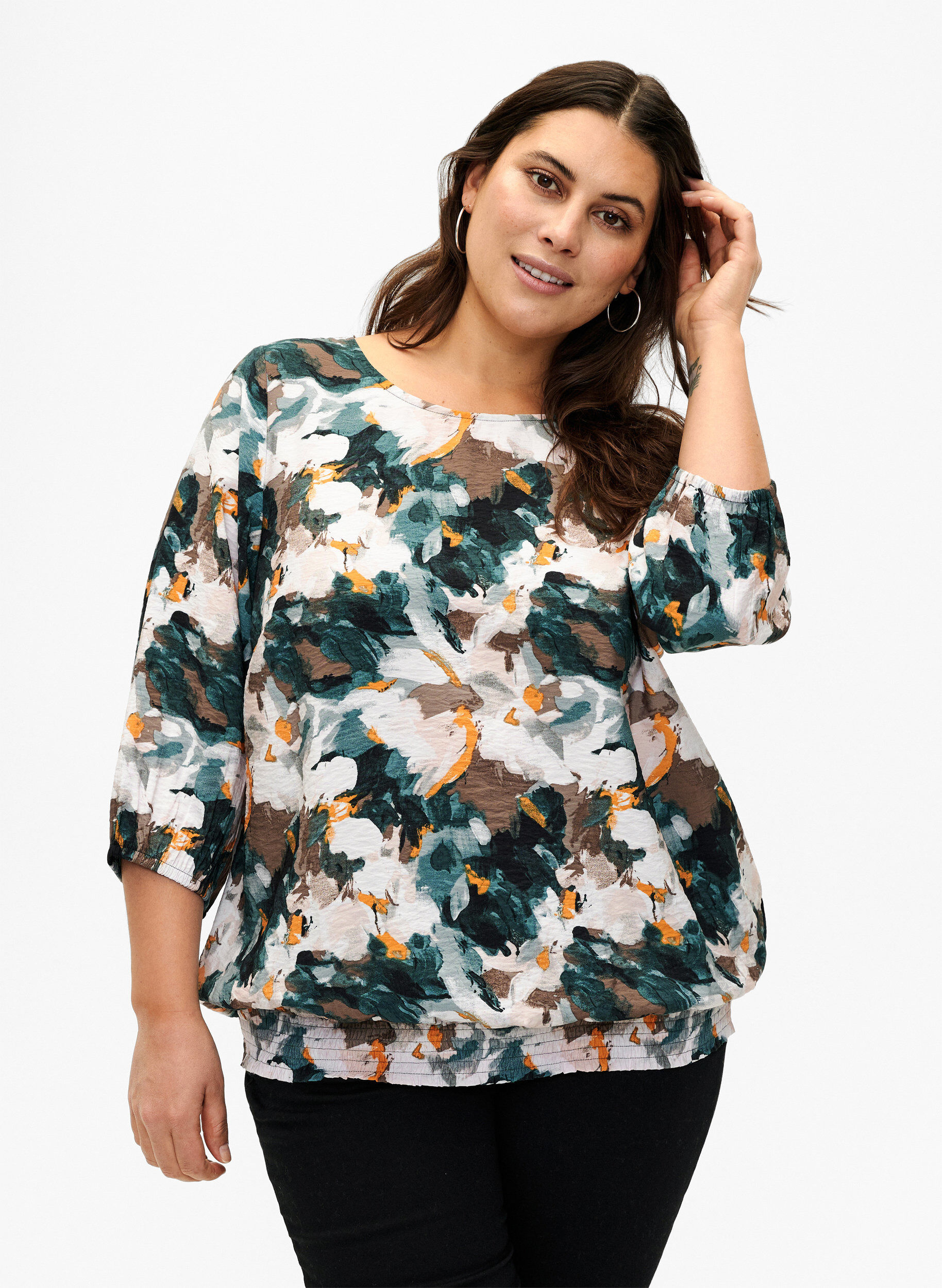 Zizzi Smockbluse i viskose med print, Duck Gr. Forest AOP, Model image number 0
