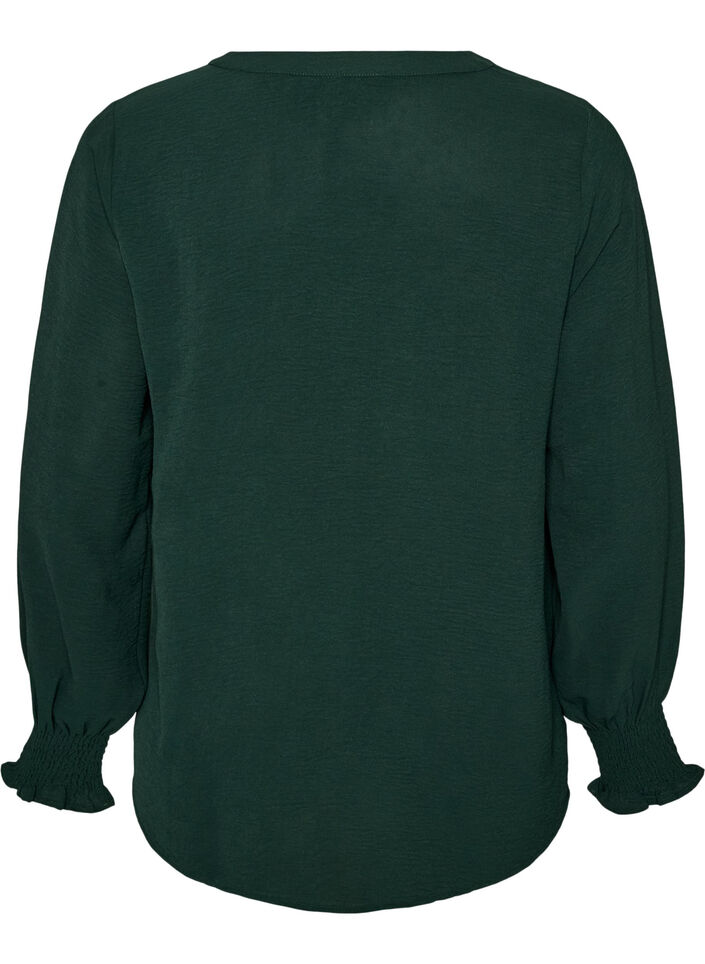 Bluse med smock manchetter og V-udsk&aelig;ring, Gr&oslash;n, Packshot image number 1