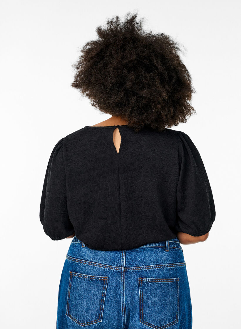 Bluse med struktur og korte &aelig;rmer, Sort, Model image number 2