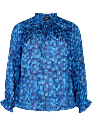 Langærmet bluse med flæser og print, Navy Blazer Leaf AOP, Packshot image number 0